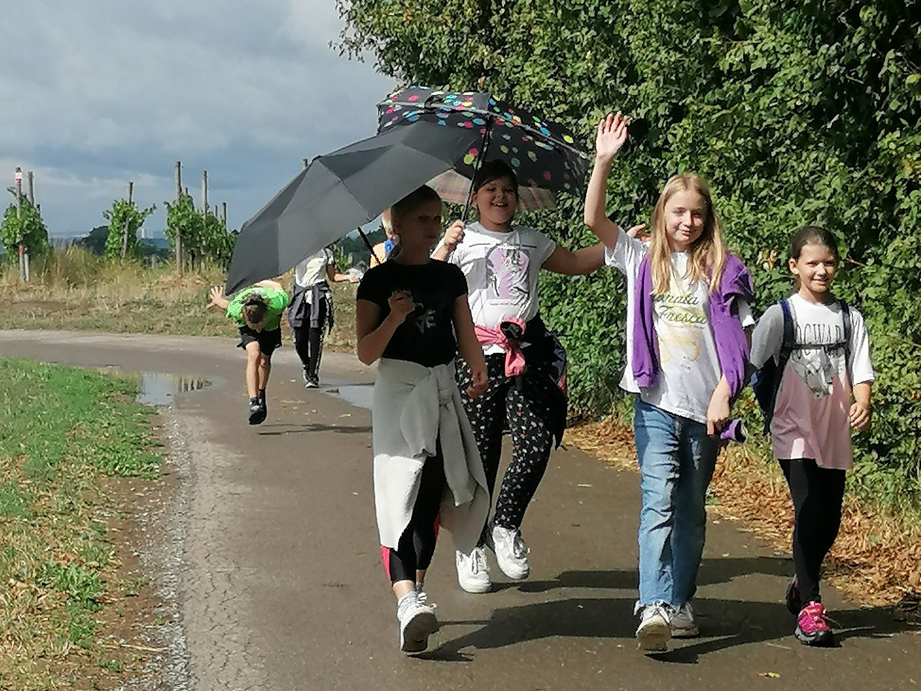 Schüler beim Wandern z.T. mit Regenschirmen