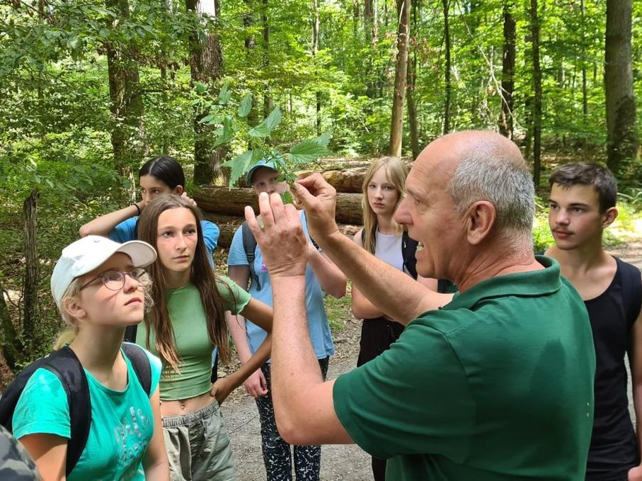 Ein Mann erklärt einer kleinen Schülergruppe etwas im Wald